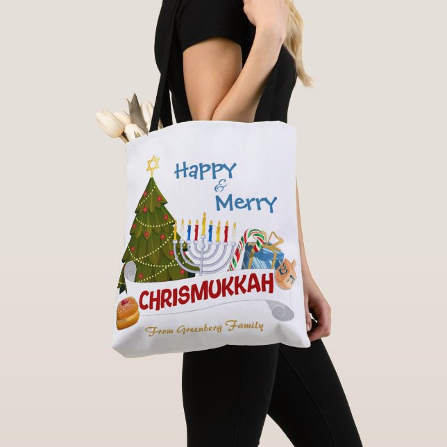 Bolsa Tote Feliz e Alegre Chrismukkah com Elemento Tradiciona (Close Up)
