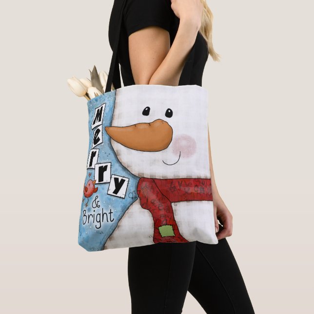 Bolsa Tote Feliz e Bright Christmas Snowman e Red Bird (Close Up)