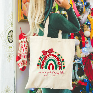 Bolsa Tote Feliz e Brilho   Vermelho Moderno e Natal Verde