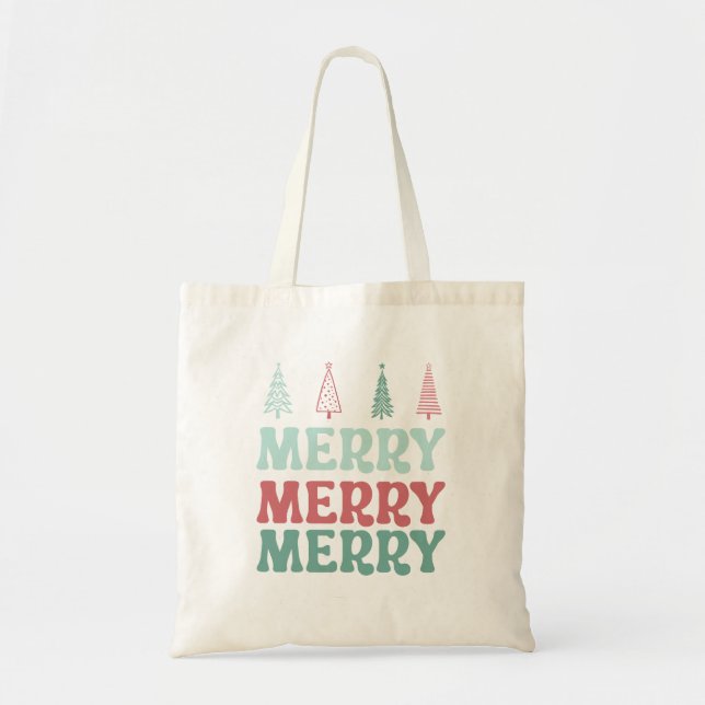 Bolsa Tote Feliz Feliz Feliz com Árvores de Natal Pastel Boho (Frente)