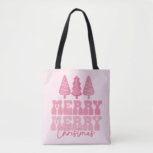 Bolsa Tote Feliz Feliz Natal - Design de Férias Rosa (Frente)