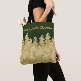Bolsa Tote Feliz Feliz Natal Escuro Árvores de Pinheiros Dour