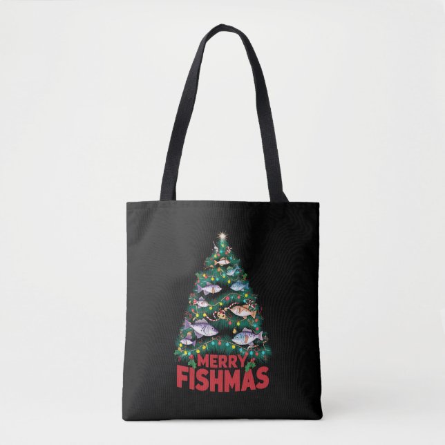 Bolsa Tote Feliz Fishmas Árvores de Natal Luzes de Natal Pesc (Frente)