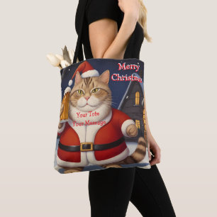 Bolsa Tote Feliz gato de Natal Festivo com copo de cerveja