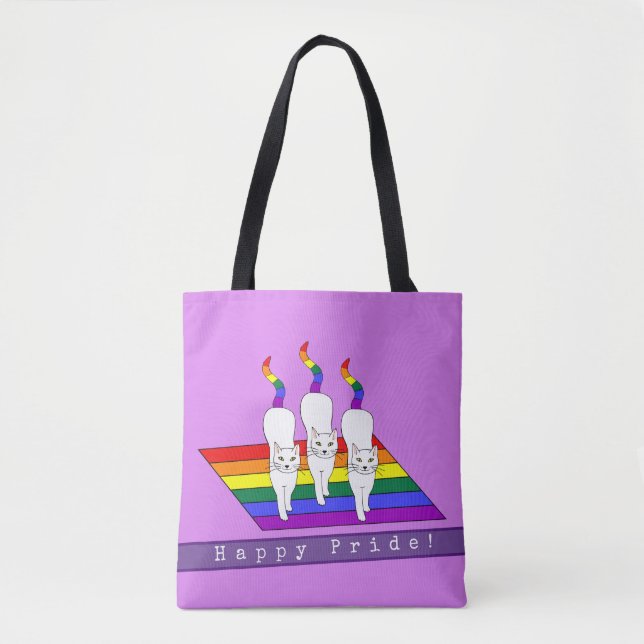 Bolsa Tote Feliz Gato LGBT Com Bandeira Arco-Íris (Frente)