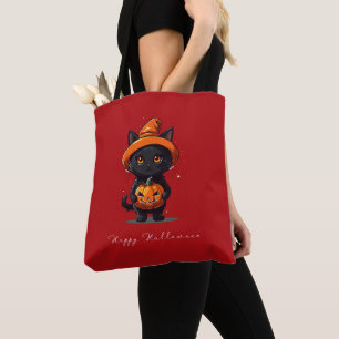 Bolsa Tote Feliz Gato Negro de Halloween com Abóbora