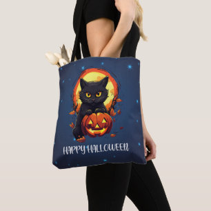 Bolsa Tote Feliz Gato Negro de Halloween com Abóbora