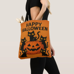 Bolsa Tote Feliz Gato Negro de Halloween e Abóbora