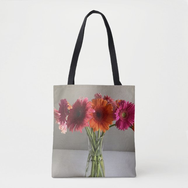 Bolsa Tote Feliz Gerbera Colorida Flor +Nome Personalizado (Frente)
