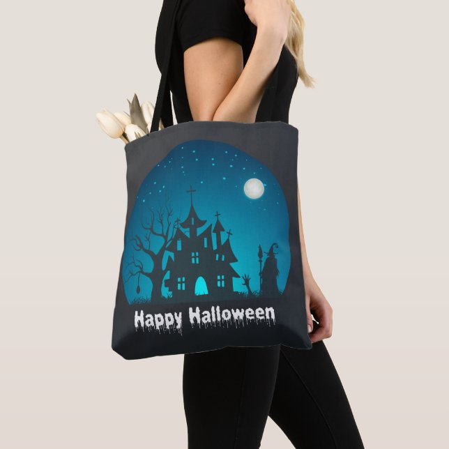 Bolsa Tote Feliz Halloween Blue e Black Hauned House (Close Up)