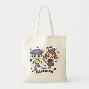 Bolsa Tote Feliz Halloween - Bruxa Bonita e Zombie
