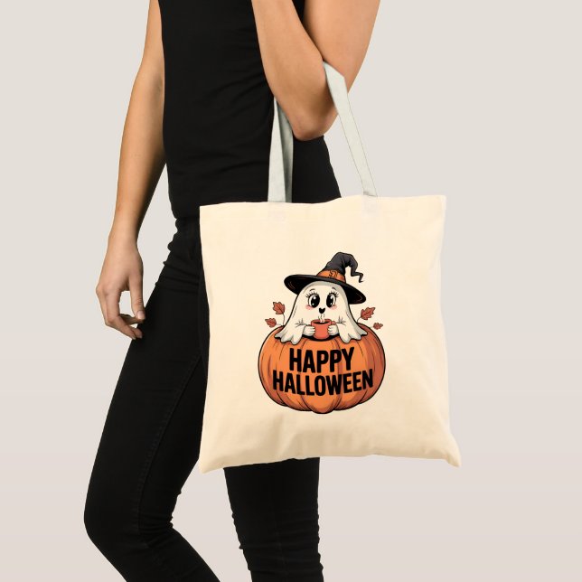 Bolsa Tote Feliz Halloween Caffeine Ghost (Frente (produto))