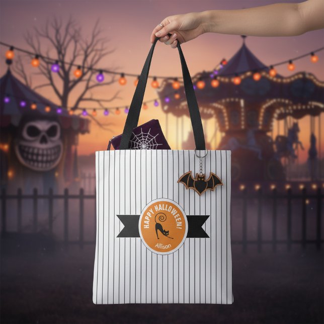 Bolsa Tote Feliz Halloween Gato Preto & Listras ID686 (Criador carregado)