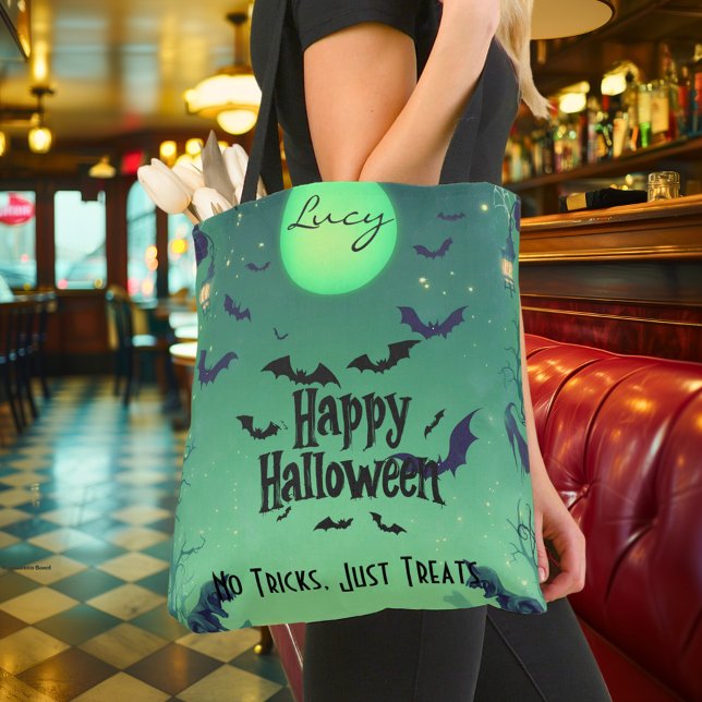 Bolsa Tote Feliz Halloween Personalizado com Lua Verde, Bats (Criador carregado)