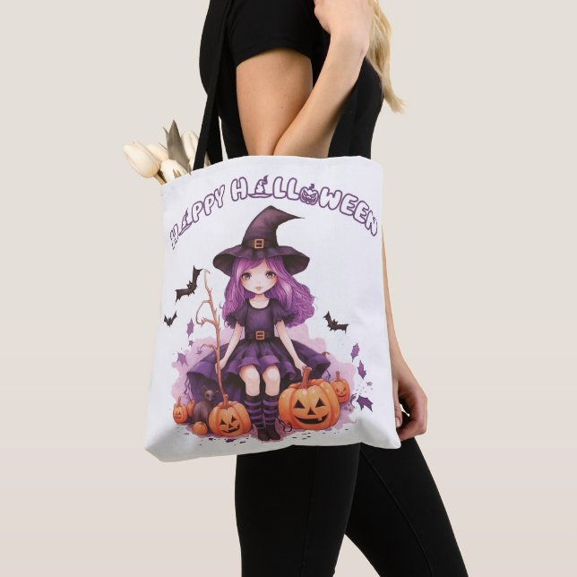 Bolsa Tote Feliz Halloween Roxo Bruxas Pumpkins & Bats (Close Up)