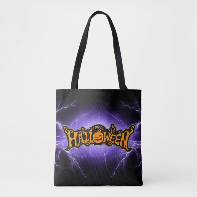 Bolsa Tote Feliz Halloween Ruby Eyed Pumpkin Purple Lightning (Frente)