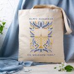 Bolsa Tote Feliz Hanukkah Festivo Watercolor Menorah FOLIAGE<br><div class="desc">Adicione um toque pessoal ao seu Chanucá com este elegante saco floral com a aquarela Menorah adornada com uma folhagem elegante de trigo numa sofisticada paleta de ouro,  azul claro e azul marinho com duas linhas de texto personalizado.</div>
