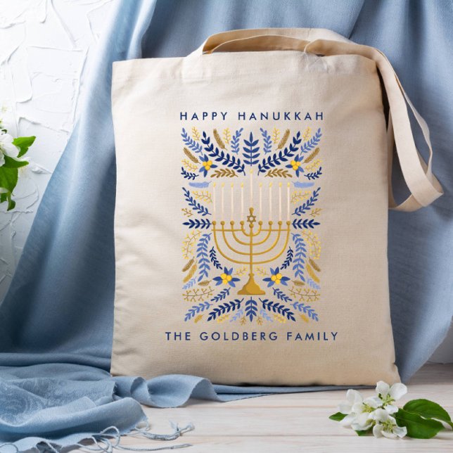 Bolsa Tote Feliz Hanukkah Festivo Watercolor Menorah FOLIAGE (HAPPY HANUKKAH BAG WITH MENORAH AND WHEAT LEAVES AND FOLIAGE BLUE LIGHT BLUE GOLD)
