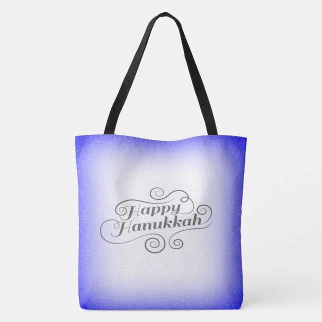 Bolsa Tote Feliz Hanukkah Fundo Branco Azul 2 tons (Verso)
