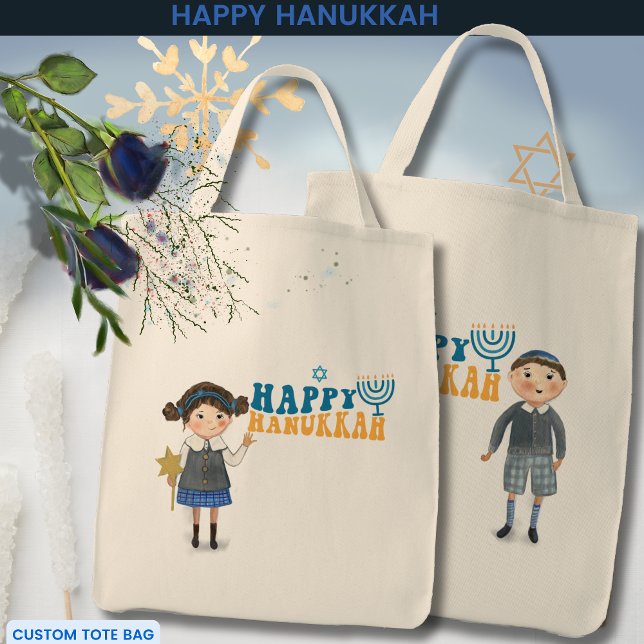 Bolsa Tote Feliz Hanukkah Jewart Girl & Boy (Happy Hanukkah Jewish Girl & Boy Tote Bag)