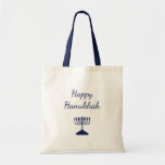 Bolsa Tote Feliz Hanukkah Simple Blue Menorah<br><div class="desc">Feliz saco de tote de Hanukkah,  com uma simples menorah azul e design de tipografia de script. Com a inscrição personalizável branca,  você pode adicionar seu próprio texto. Uma maneira festiva de aproveitar a temporada de férias.</div>