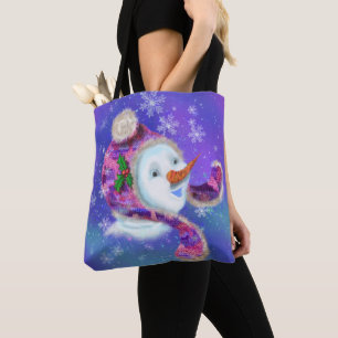 Bolsa Tote Feliz Homem De Neve Em Rosa Púrpura Beanie Winter