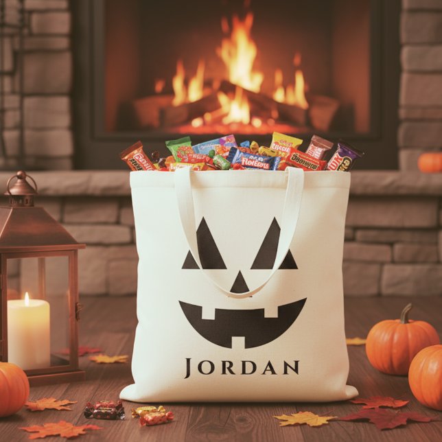 Bolsa Tote Feliz Jack-O-Lanterna Personalizado no Halloween (Personalized Happy Jack-O-Lantern Face Halloween Tote Bag - Just add your trick-or-treater's name!)