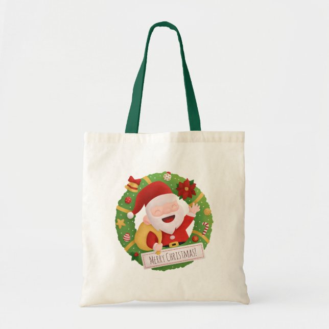 Bolsa Tote Feliz Jolly Santa Claus Wreath Xmas (Frente)