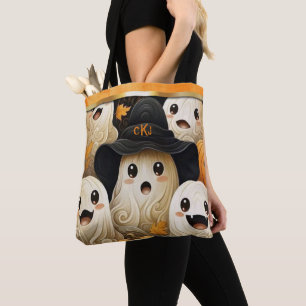 Bolsa Tote Feliz Monograma de Halloween Fantasma