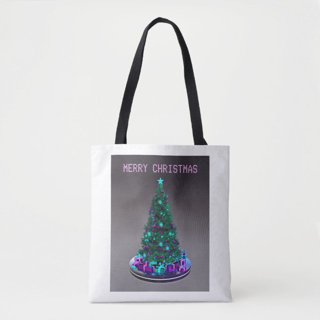 Bolsa Tote Feliz Natal. Árvore decorada com presentes (Frente)