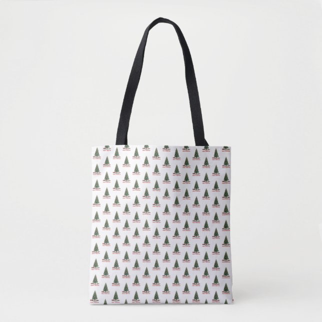 Bolsa Tote Feliz Natal. Árvore (design 1) com presentes (Frente)