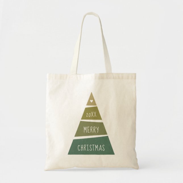 Bolsa Tote Feliz Natal. Árvore geométrica verde (Frente)