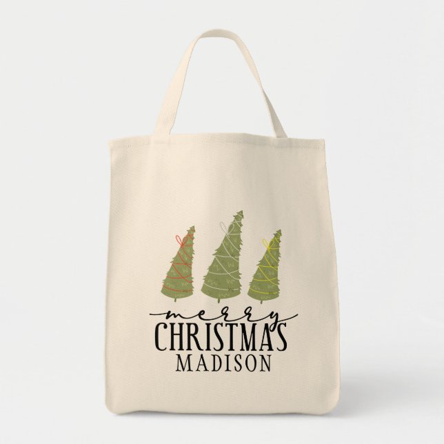 Bolsa Tote Feliz Natal Árvores Modernas Férias de Script (Frente)