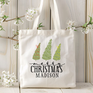 Bolsa Tote Feliz Natal Árvores Modernas Férias de Script