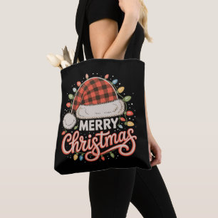 Bolsa Tote Feliz Natal Buffalo Vermelho Xadrez Chapéu do Papa
