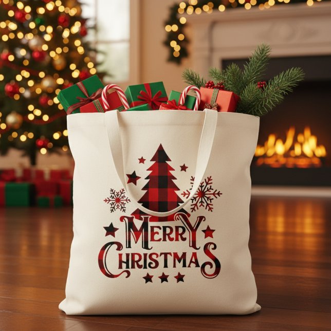 Bolsa Tote Feliz Natal Buffalo Xadrez Natal (Merry Christmas Buffalo Plaid Christmas Tote Bag)