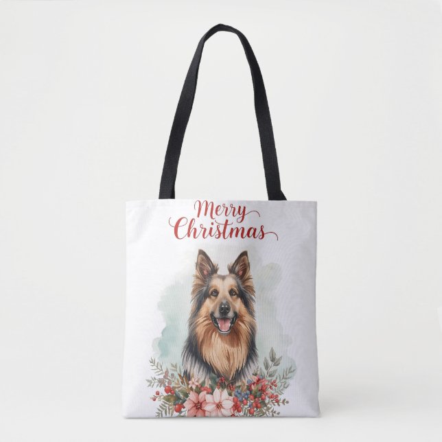 Bolsa Tote Feliz Natal Cachorro Compras de Férias Festivas (Frente)