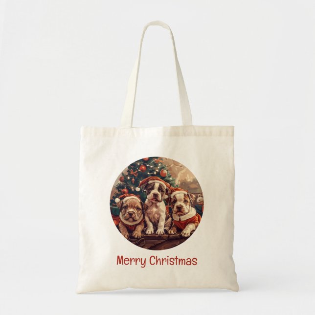 Bolsa Tote Feliz Natal Cachorros Pit Bull (Frente)