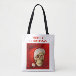 Bolsa Tote Feliz Natal. Caveira usando chapéu de Papai Noel
