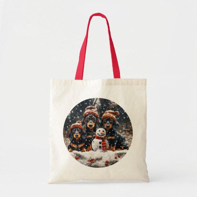 Bolsa Tote Feliz Natal Dachshund Dogs Snowman (Frente)