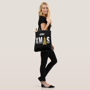 Bolsa Tote Feliz Natal Dourado Design de Árvore de Natal