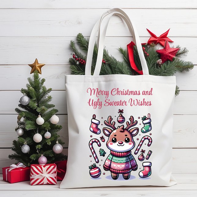 Bolsa Tote Feliz Natal e Suéter Feio Deseja Reindeer (Criador carregado)