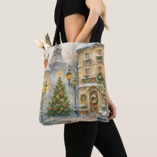 Bolsa Tote Feliz Natal em Paris Aquarela Torre Eiffel 