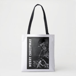 Bolsa Tote Feliz Natal. Esqueleto com chapéu de Papai Noel