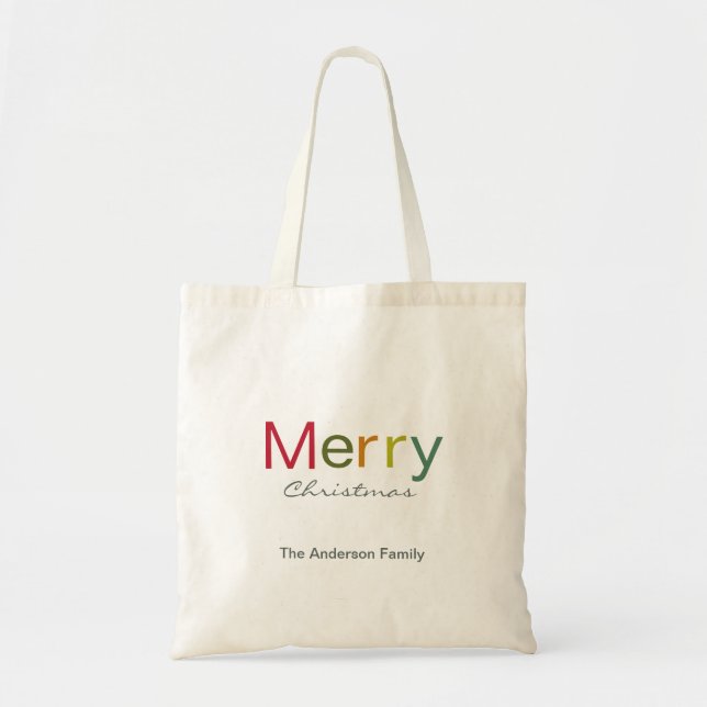 Bolsa Tote Feliz Natal - família de texto colorida (Frente)