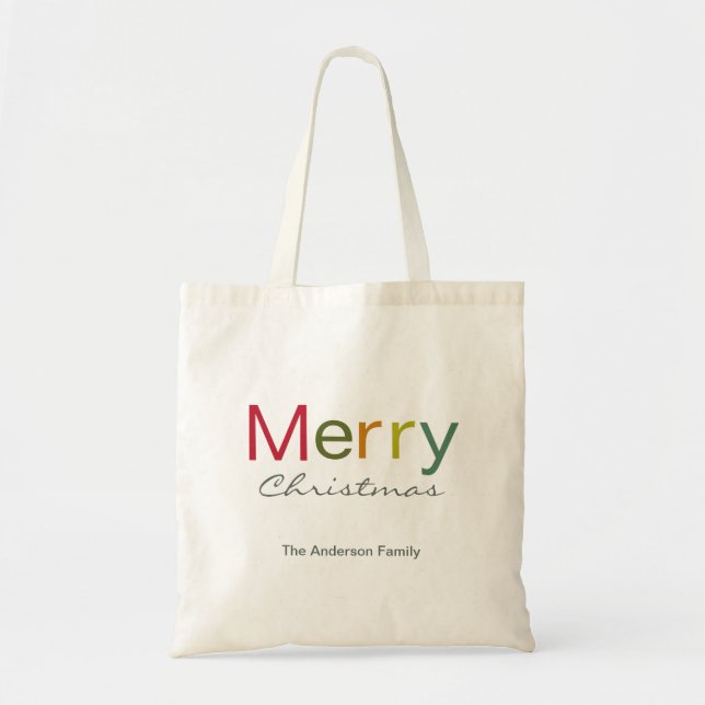 Bolsa Tote Feliz Natal - família de texto colorida (Frente)