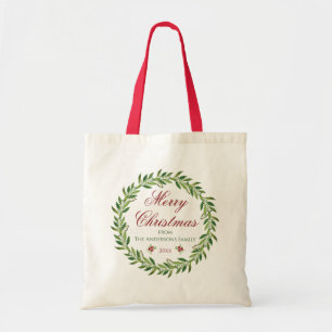 Bolsa Tote Feliz Natal Família Watercolor Wreath