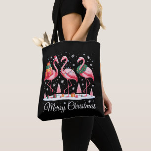 Bolsa Tote Feliz Natal Flamingo Luz Chapéu do Papai Noel Xmas