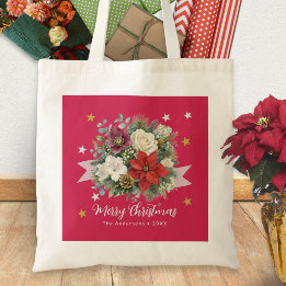 Bolsa Tote Feliz Natal Floral Vermelho de Inverno Nome da Fam