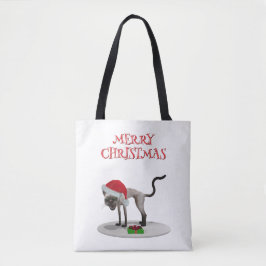 Bolsa Tote Feliz Natal. Gato com chapéu de Papai Noel